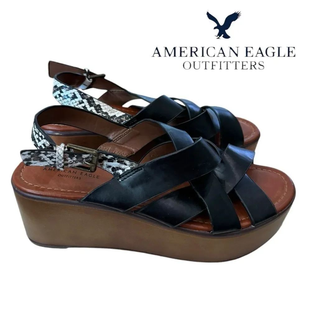 AE American Eagle Outfitters Black Snake Wedge Strappy Sandals 8